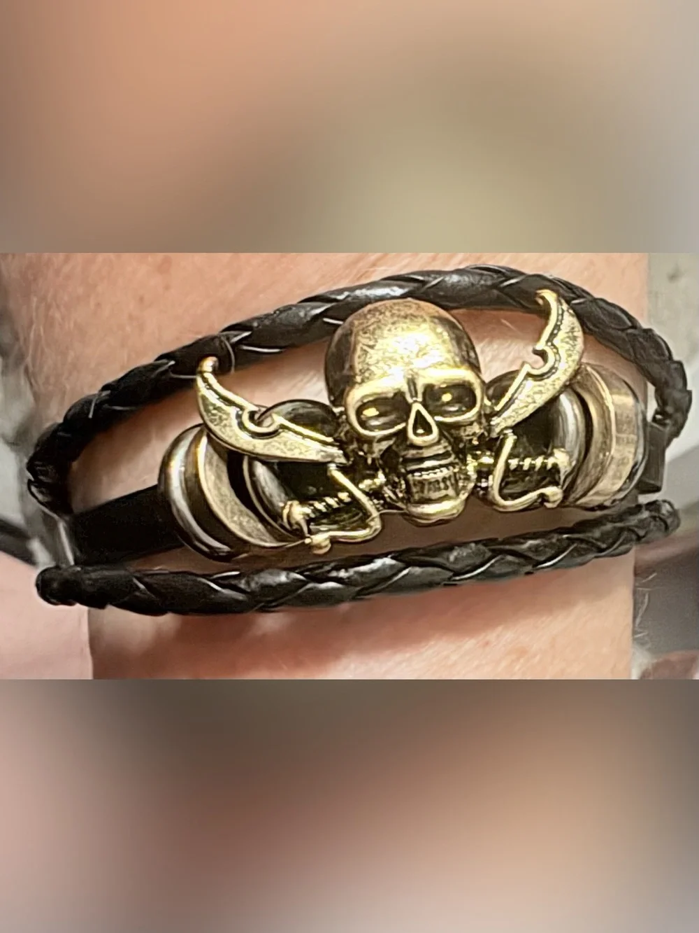 Black Leather Skull & Crossbones Men’s or women’s adjustable Bracelet